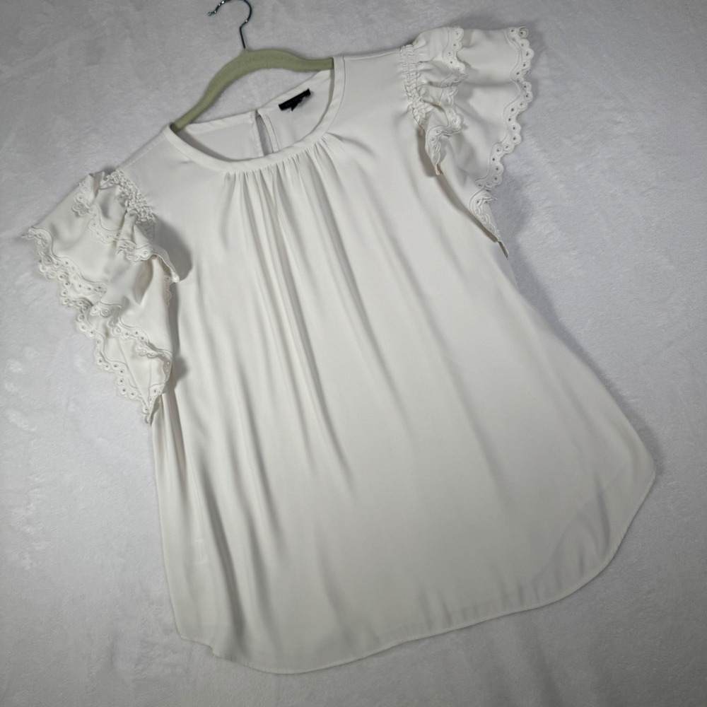 Ann Taylor White Eyelet Ruffle Flutter Sleeve Blouse Small RN77379 | Top Lace - Picture 1 of 7